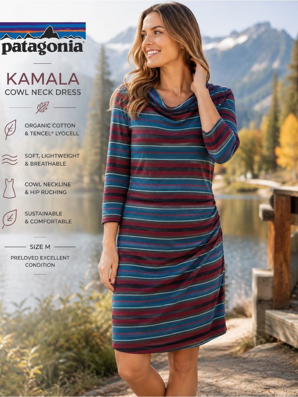 Patagonia Kamala Cowl Neck Dress L Striped Teal Maroon Tencel Organic Cotton